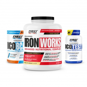 Prise de masse : 1 Iron Works 2200g + 1 Ico Test 2.0 120 gélules + 1 Ico BCAA 300g
