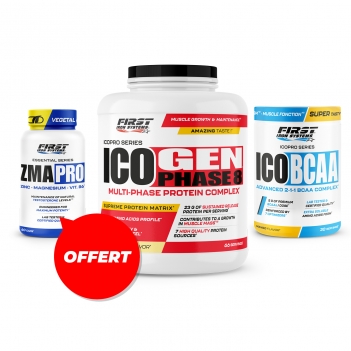 Prise de masse sèche : 1 Ico Gen Phase 8 2000g + 1 Ico BCAA 300g + 1 ZMA Pro 60 gélules gratuit