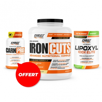 Sèche & Définition Musculaire : 1 Iron Cuts 2200g + 1 Lipoxyl 100x elite 400g + 1 Carn Pro 60 gélules GRATUIT