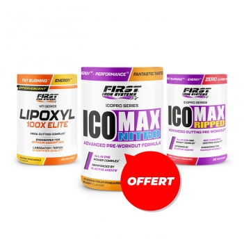 Sèche & définition musculaire : 1 Lipoxyl 100X Elite 400g + 1 Ico Max Ripped 375g + 1 Ico Max Nitro 375g GRATUIT