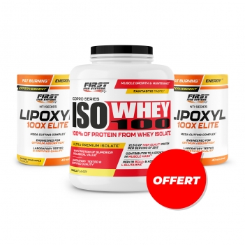 Sèche & définition musculaire : 1 Iso Whey 100 2000g + 1 Lipoxyl 100X Elite 400g + 1 Lipoxyl 100X Elite 400g GRATUIT