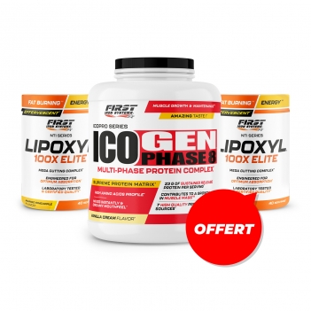 Sèche & définition musculaire : 1 Ico Gen Phase 8 2000g + 1 Lipoxyl 100X Elite 400g + 1 Lipoxyl 100X Elite 400g GRATUIT
